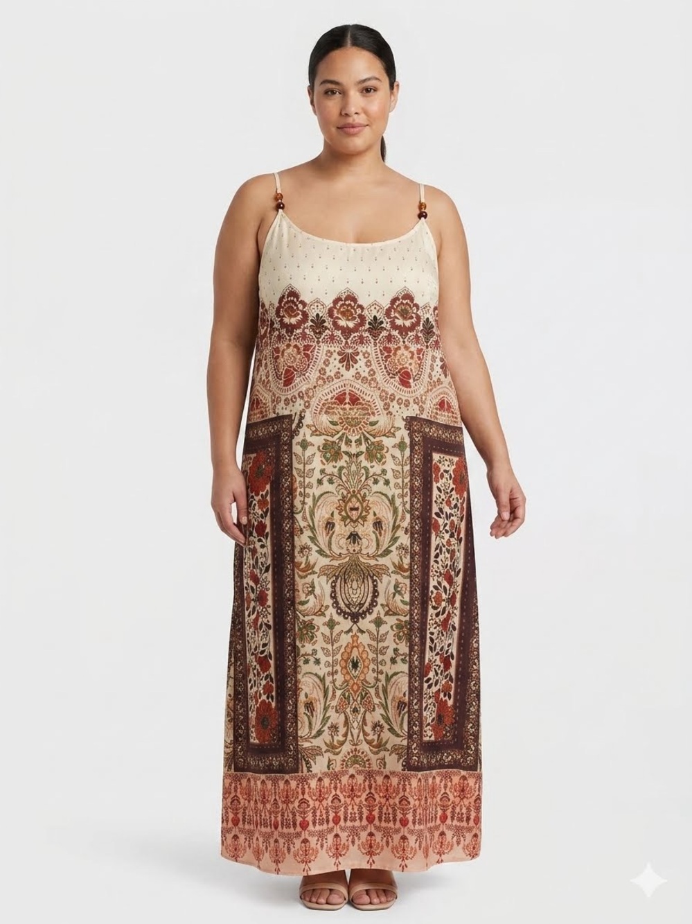 Anthropologie Cream Maxi Dress with Brown and Rust Paisley Print
